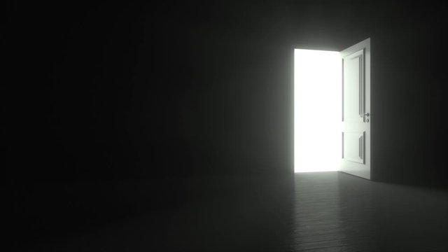 Door in a dark room opens and fills the space with bright white light in 4K resolution. Light rays coming trough. 3D render animation of opening door.