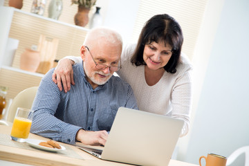 Happy elderly couple shop online together