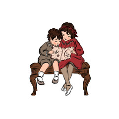 Pair of young children sitting on wooden bench and reading.