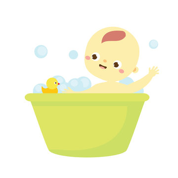 baby washing. toddler have bath. Newborn child, Little kid in bubble water with duck rubber toy