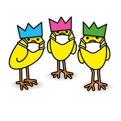 Three Party Chicks with Hats and Medical Masks