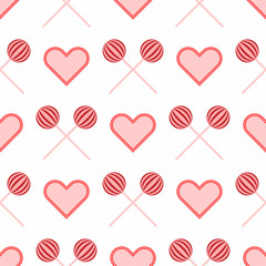 Seamless pattern with repeating lollipops and hearts. Cute girly print. Vector illustration.