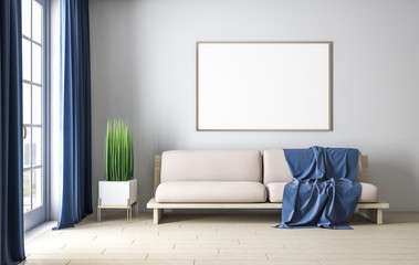 Living room with sofa and blank poster