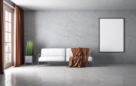 Modern Living Room With Sofa And Blank Banner On Wall.