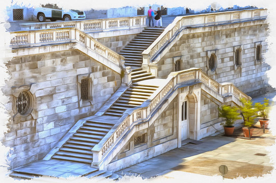 Imitation of a picture. Oil paint. Illustration. Madrid. Stairs of the Royal Palace from the Sabatini Park
