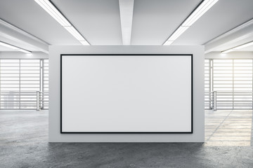 Concrete gallery interior with blank banner.