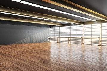 Contemporary gallery interior with empty gray wall