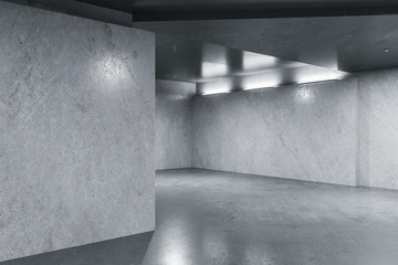 Modern concrete interior with lamps and copy space on wall.
