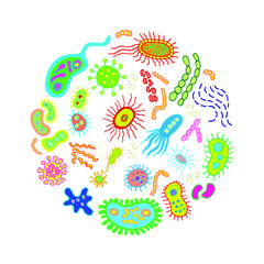 Bacteria and microbes hand drawn doodle set, cell microscopic bacterium linear illustration in round frame. Bacterial microorganism in a circle isolated on white background. 