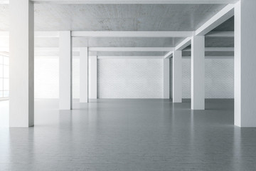 Contemporary concrete interior with blank brick wall.