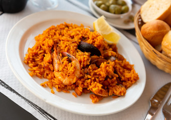 Paella on white plate