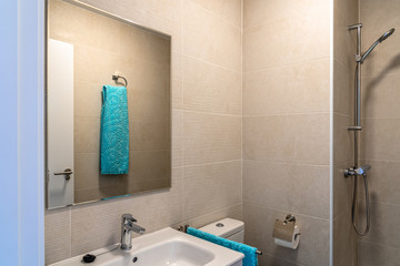 Minimalist bathroom in modern house . Concept of cleaning and disinfection during covid-19 pandemic.