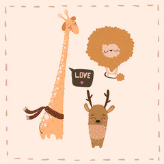Vector illustration with set cute animals. For  postcards, textile, wrapping paper. Cute giraffe, lion and deer