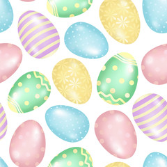 Hand drawn seamless pattern of many different colors eggs with lines, circles, flowers, glare. Colorful spring doodle illustration for Easter, greeting card, invitation, wallpaper, wrapping paper