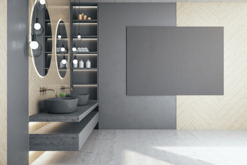 Clean bathroom with blank gray banner