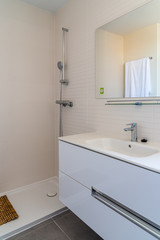 Minimalist bathroom in modern house . Concept of cleaning and disinfection during covid-19 pandemic.