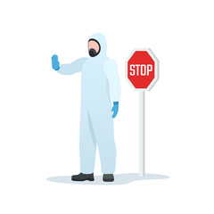 The quarantine zone. Medic prohibit entrance to contaminated area. The topic is relevant for concepts with vspyshki of coronavirus in China, USA, Europe, Italy, Germany, Spain, France