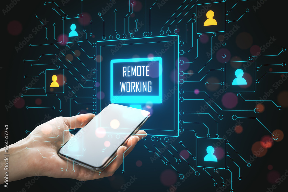 Poster hand holding phone with distant coworking remote work interface