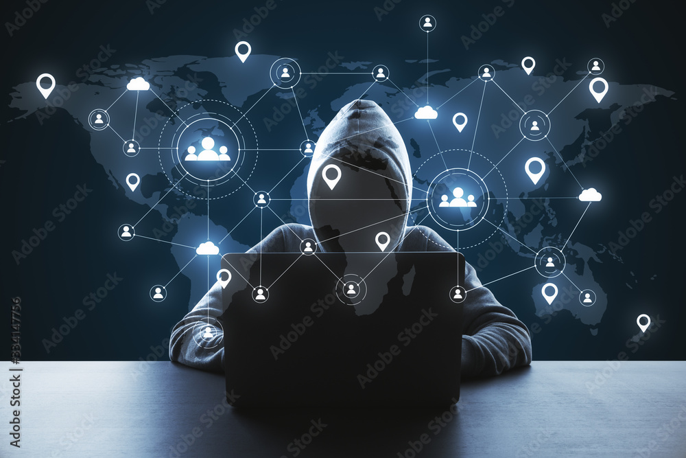 Poster Hacker using laptop with social media network and remote work hologram.