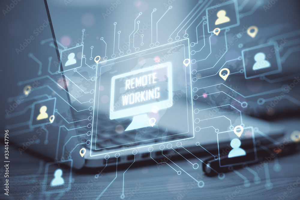 Poster laptop on modern workplace with remote work interface.