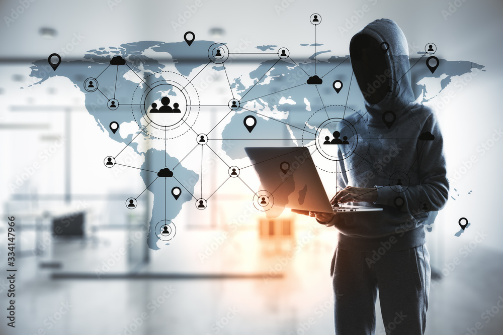 Poster Hacker using laptop and remote work interface