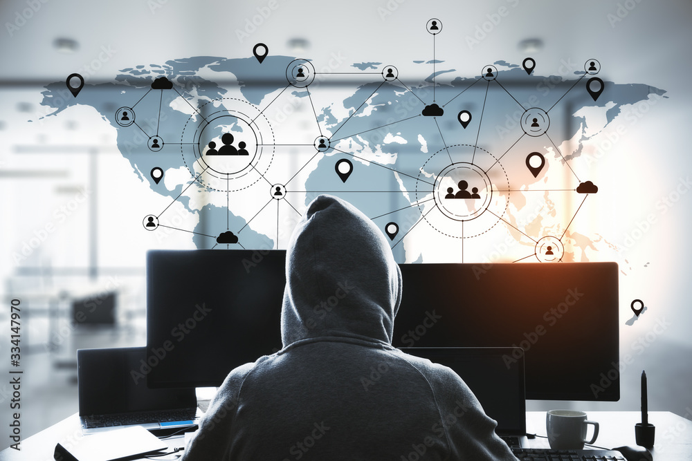 Poster Hacker using computer with remote work interface