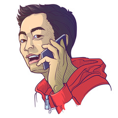 Fototapeta premium Asian man speaking on the phone. Painted sketch, isolated on a white background. EPS10 vector illustration