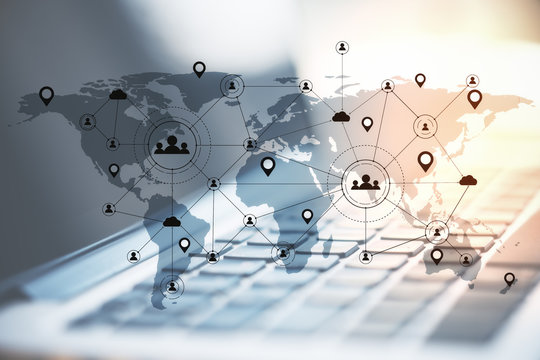 Modern workplace with remote work interface.