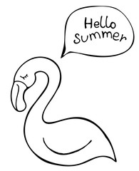 Hand drawn flamingo talking Hello Summer isolated on white. Vector illustration. Perfect for greeting card, postcard, print, coloring book.