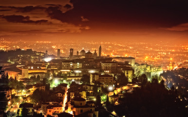 View of Citta Alta in Bergamo at evening