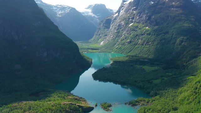 Aerial view of the lake Oldevatnet near Briksdalsbreen glacier in Norway