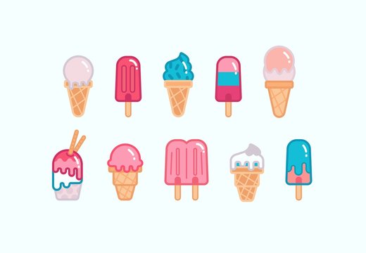 Various outline desserts, Ice cream, popsicles. Minimalistic icons, logos. Colored vector set. Cartoon style, simple flat design. Trendy illustration. Every icon is isolated on a blue background