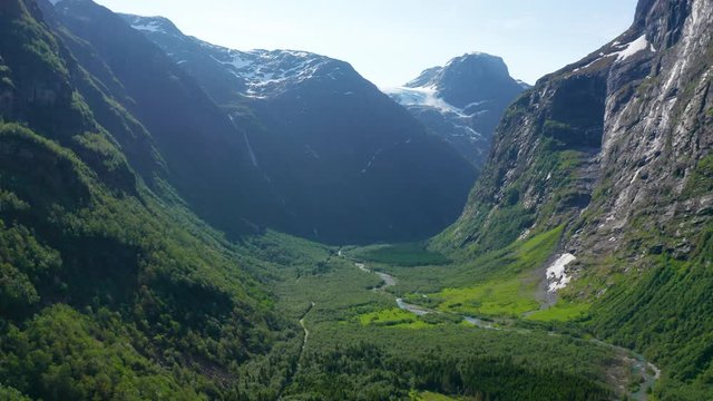 Aerial view of an amazing valley near Briksdalsbreen glacier in Norway