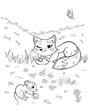 Coloring page outline of cute cartoon fox and mouse or vole. Vector image with forest background. Coloring book of forest wild animals for kids