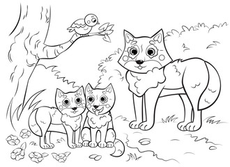 Coloring page outline of cute cartoon wolf family with little cubs. Vector image with forest background. Coloring book of forest wild animals for kids