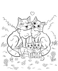 Coloring page outline of cute cartoon wolf family with little cubs. Vector image with forest background. Coloring book of forest wild animals for kids