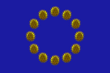 Flag of Europe made of model of COVID-19 coronavirus, concept of pandemic spreading, medicine and healthcare. Worldwide epidemic with growth, quarantine and isolation, protection, crisis situation.