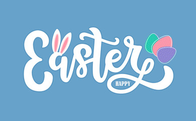 Vector illustration of Happy Easter text. Hand sketched lettering typography with bunny ears, tale, colorful Easter eggs. Design template for logotype, poster, badge, icon, card, banner, sign, sticker