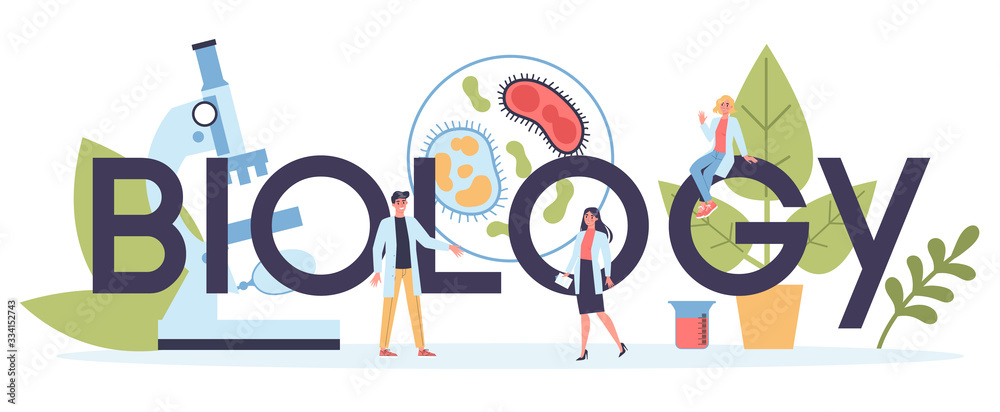 Wall mural biology science web header. people with microscope make laboratory