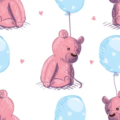 Gordijnen Naadloze textuur met teddyberen, hartjes en ballonnen © barbyturas