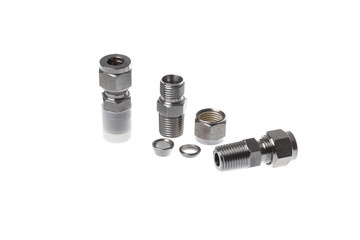 Disassembled steel coupling set for quick metal pipe connection with thread, isolated on white...