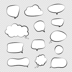 Fototapeta premium Speech bubbles. Comic talking bubble, dialogue or thinking cloud. Isolated cartoon chat balloons vector set. Speech sketch bubble, dialogue message comic illustration