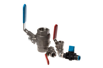 Set of steel ball spherical valve with red and blue handle and inner threading 1/4