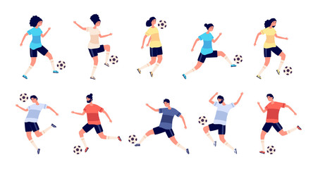 Fototapeta na wymiar Football players. Soccer sportsman, people playing with ball. Athlete goal and kick, isolated sport action and workout vector illustration. Soccer athlete, sport play action, player playing