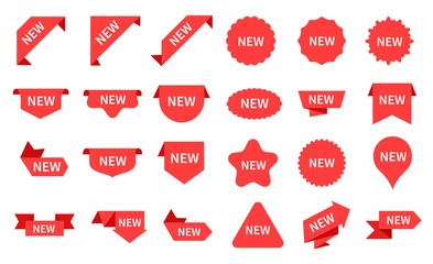 New arrival stickers. Elegant advertising icons, red shopping ribbons. Special retail messaging and sale product tags. Vector info labels. Promotion advertising, red mockup for shopping illustration