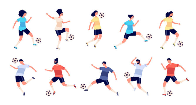 Football players. Soccer sportsman, people playing with ball. Athlete goal and kick, isolated sport action and workout vector illustration. Soccer athlete, sport play action, player playing
