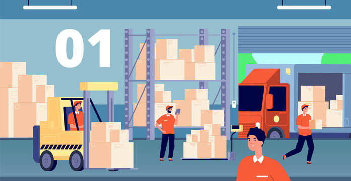Warehouse interior. Large storage, people inside storehouse. Cargo pallet, workers and loader service. Logistic industry vector illustration. Storage and warehouse, transportation business