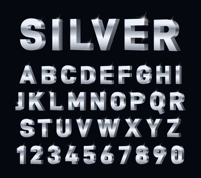 Silver font. 3d steel chrome alphabet. Metal letters and numbers, metallic platinum typography decorations. Modern glossy vector symbols. Illustration aluminum character, steel metal platinum typeface