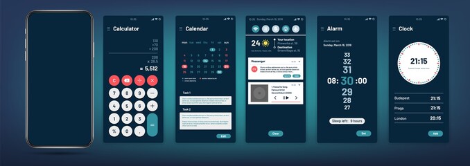 Phone interface. Modern mobile application template. Calendar, clock, alarm and calculator web banner. Smartphone with blank screen vector mockup. Mobile phone ui application, smartphone illustration