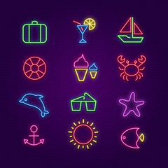 Summer icons. Summertime lighting neon symbols. Sunglasses, cocktail, jacht and fish glowing led vector set. Drink lighting cocktail, illuminated ice cream badge, brightly yacht illustration